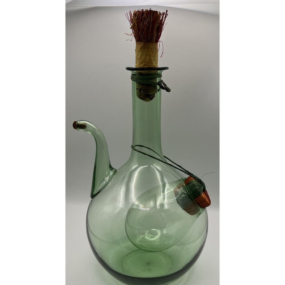 Vintage 70s Italian Green Hand Blown Glass Wine Decanter Ice Chamber Bottle Jug
